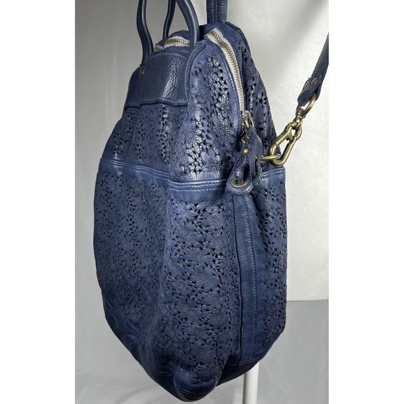 Errelleventidue Made Italy Leather Bag Navy Blue Floral Lace Cut Crossbody Strap - Picture 2 of 13